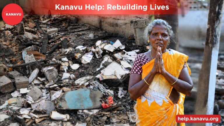 Kanavu Help volunteers providing food, clothes, and emergency relief support to Amaravathi Dhuraisamy's fire-affected family in Thamaraipaalayam, Erode.