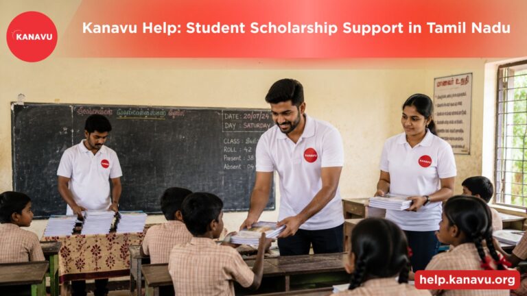 Student Scholarship Support in Tamil Nadu helping underprivileged students receive school fees, books, uniforms, and educational support through Kanavu Help.