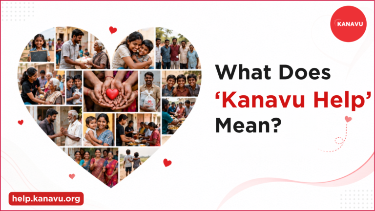 Kanavu Help community support collage with people helping children, families, and communities, with the text “What Does Kanavu Help Mean?”